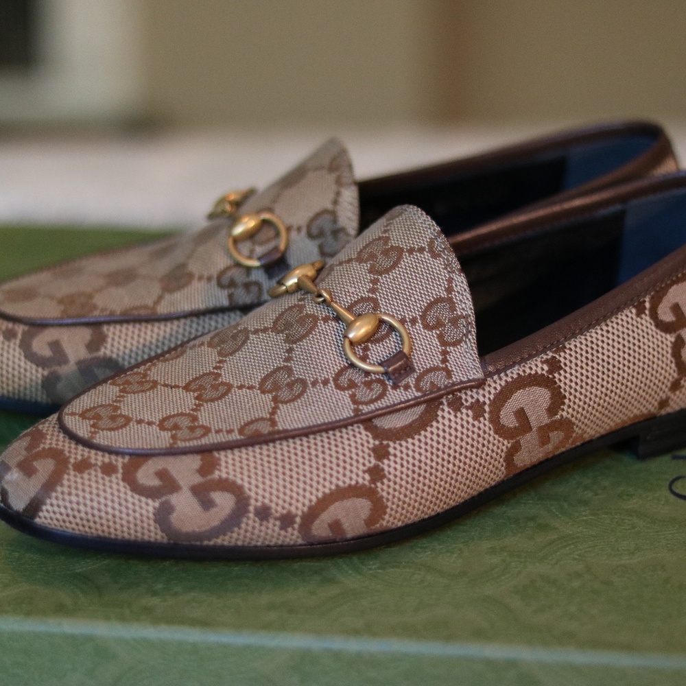 GUCCI Women's Jordaan Jumbo GG Loafer Size 7.5  Beige/Brown/Gold RARE